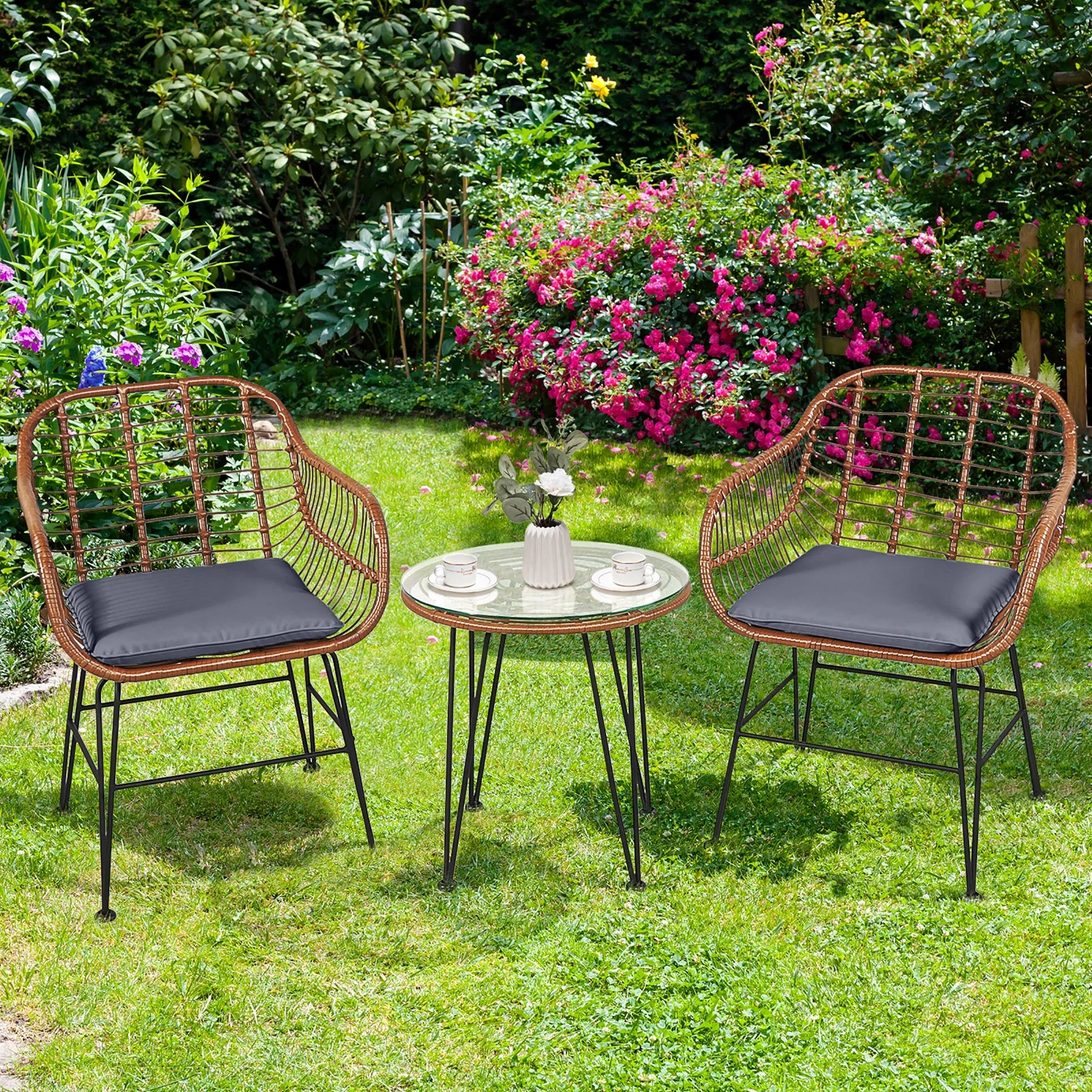 Costway 3PCS Patio Rattan Bistro Set Coffee Table Armchair Garden Red Cushion