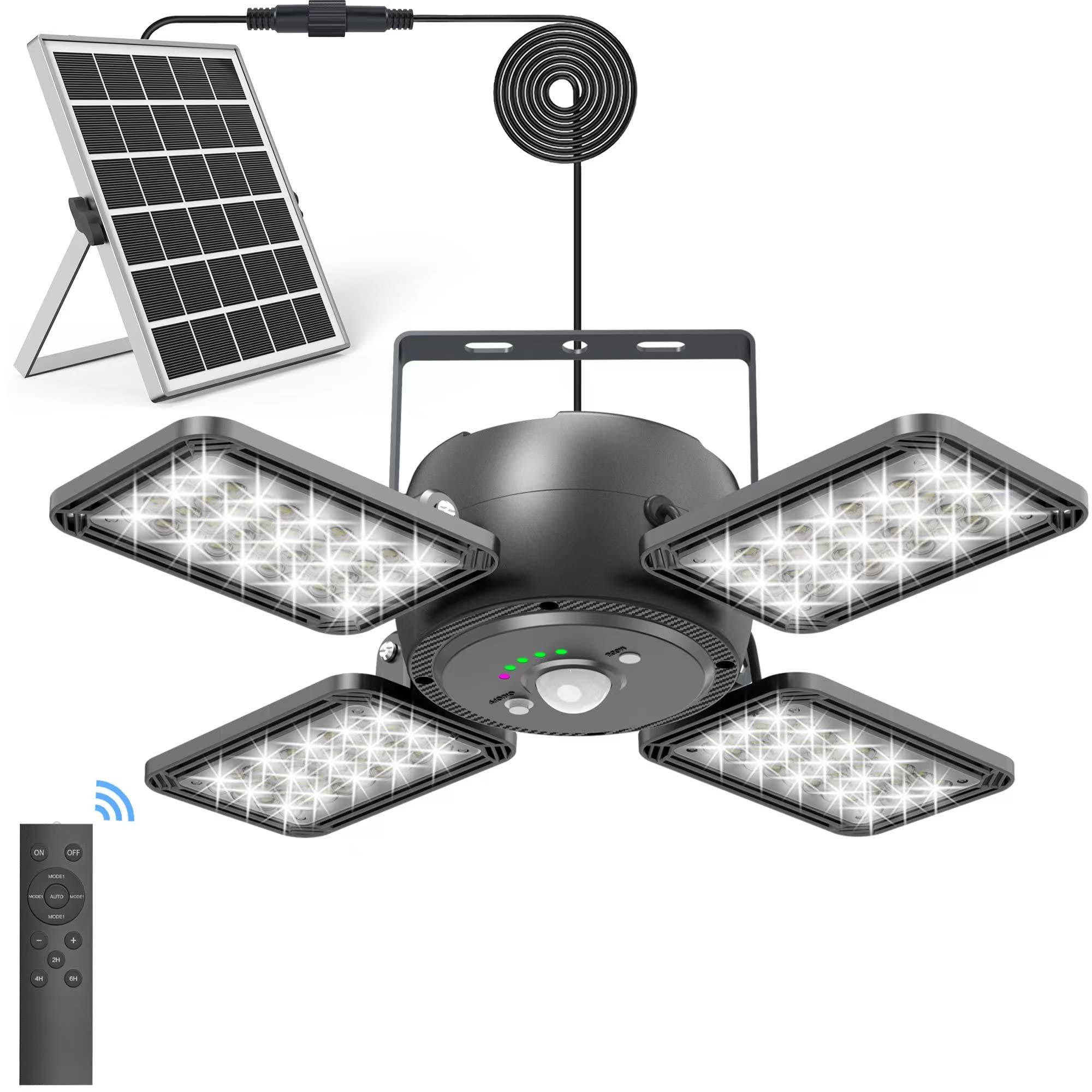 INXPHY Solar Shed Light Indoor Outdoor 1200lm 144led Pendant Light, Motion Sensor with Upgrade 5 Lighting Modes & Remote Control 4-Leaf 120��Adjustable