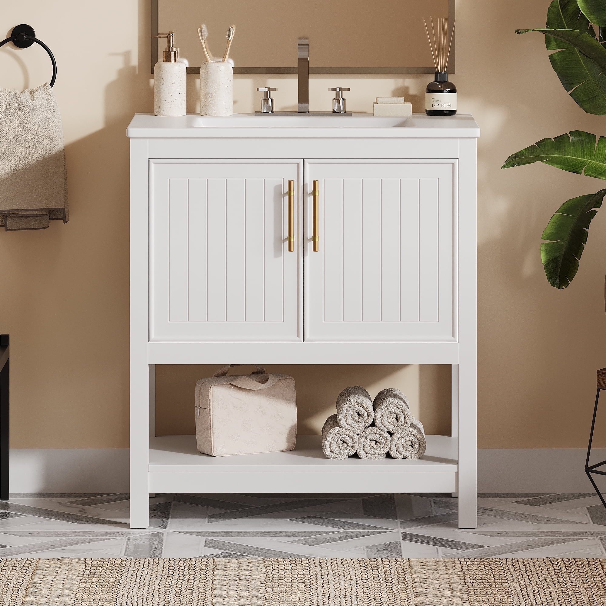 30-Inch White Bathroom Vanity with Ceramic Sink and Versatile Storage Ideal for Small Bathrooms, White(White) - Image 2