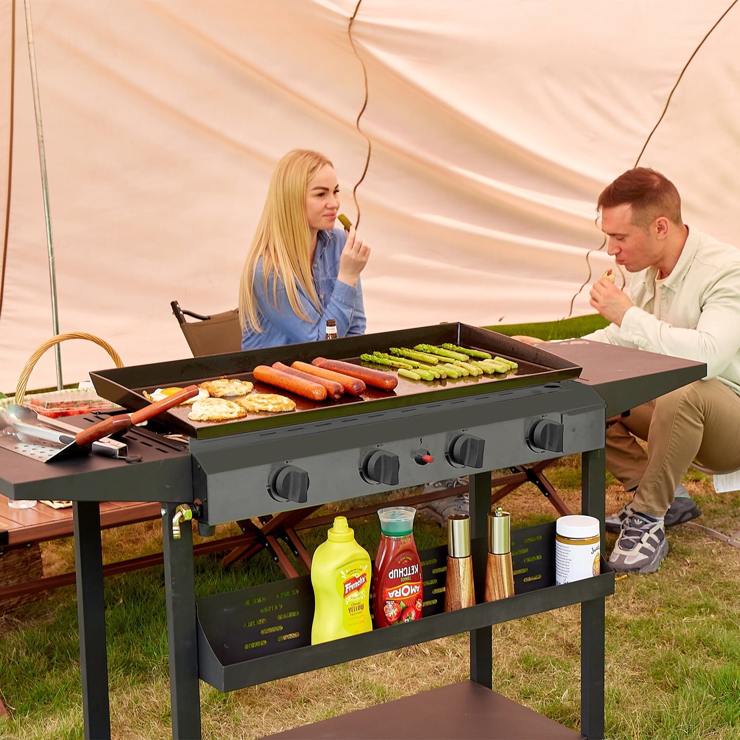 Flat Top Gas Griddle Grill 4-Burner Propane BBQ Grill Outdoor Cooking Station. Black