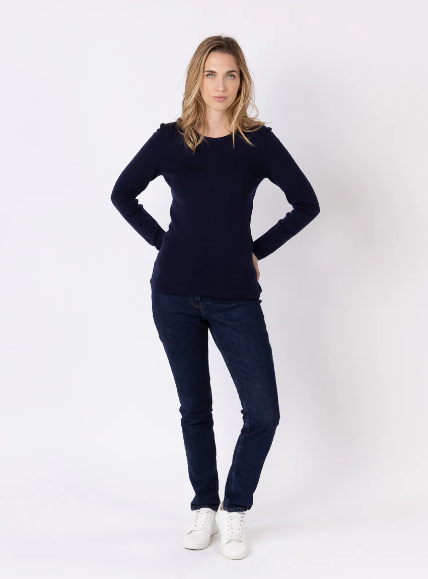 Tee-shirt thermique manches longues femme en laine merinos bleu marine