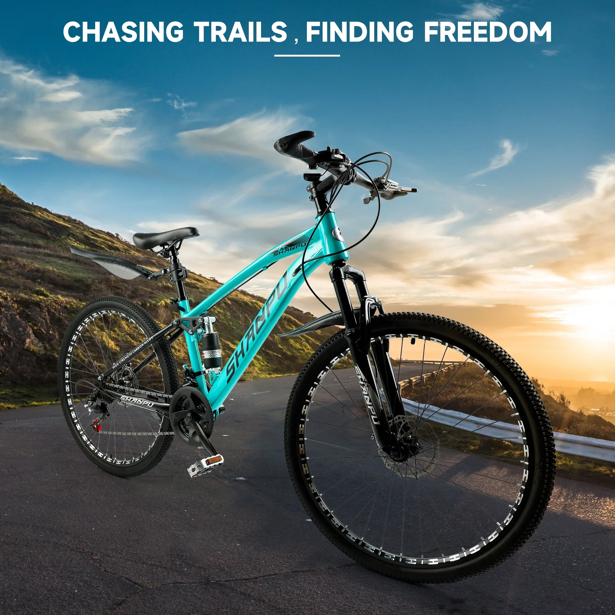 ARTUDATECH 26 Inch Wheel Full Suspension Mens Mountain Bike, Shimano 21 Speed,  Dual Disc Brake Bike for Men Womens Adult Bicycle With Bike Lock And Air Pump, orange