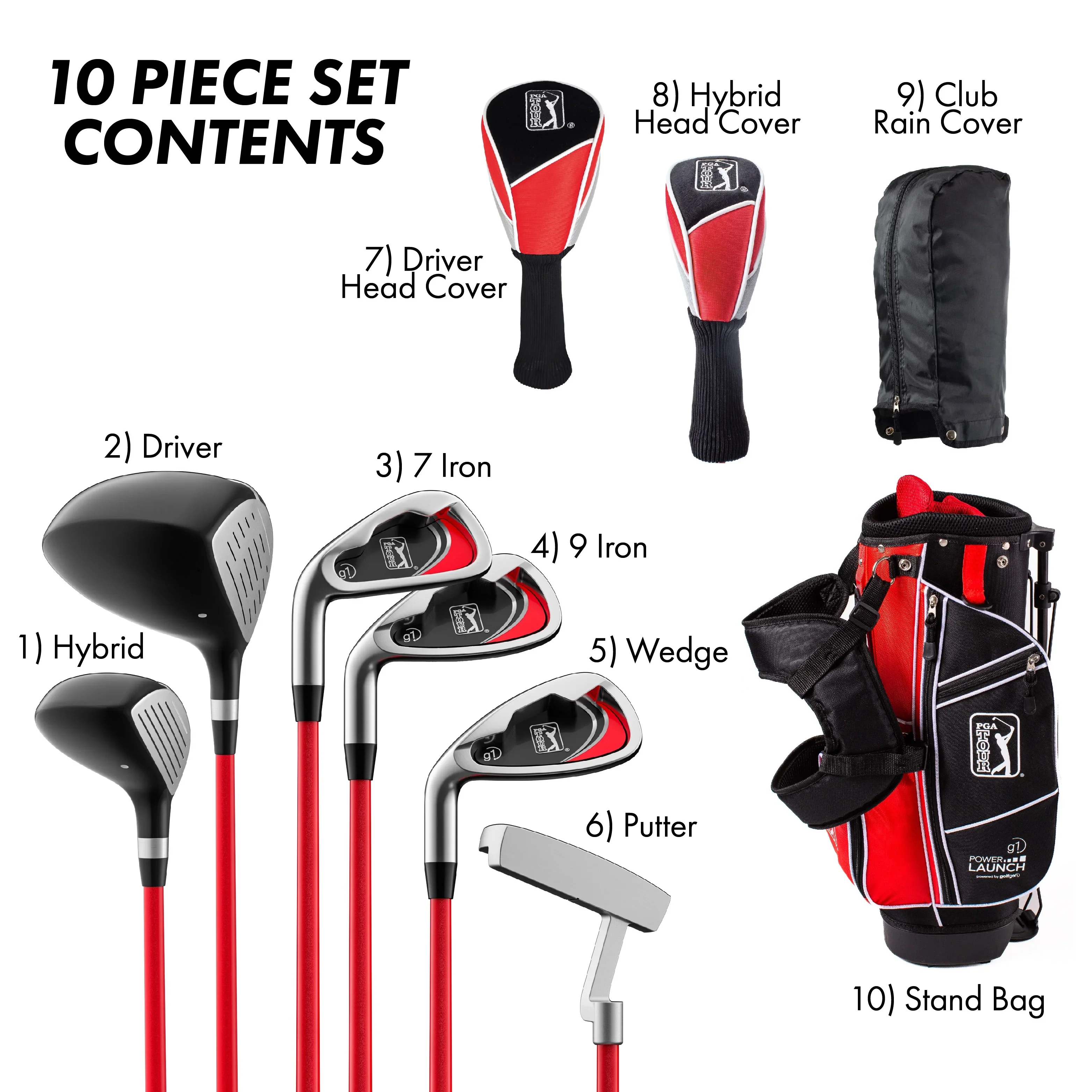 PGA Tour Right-Handed 10 Piece Kids Golf Club Stand Bag Set; Player Height 4'8 - 5'2, Ages 8-12