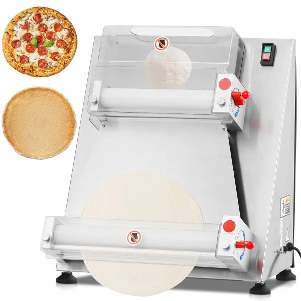 Laminoir à pâte à pizza professionnel, capacité max. 16 pouces, automatique, électrique, 370 W, en acier inoxydable, convient pour la fabrication de nouilles, pizzas, pains et pâtes.