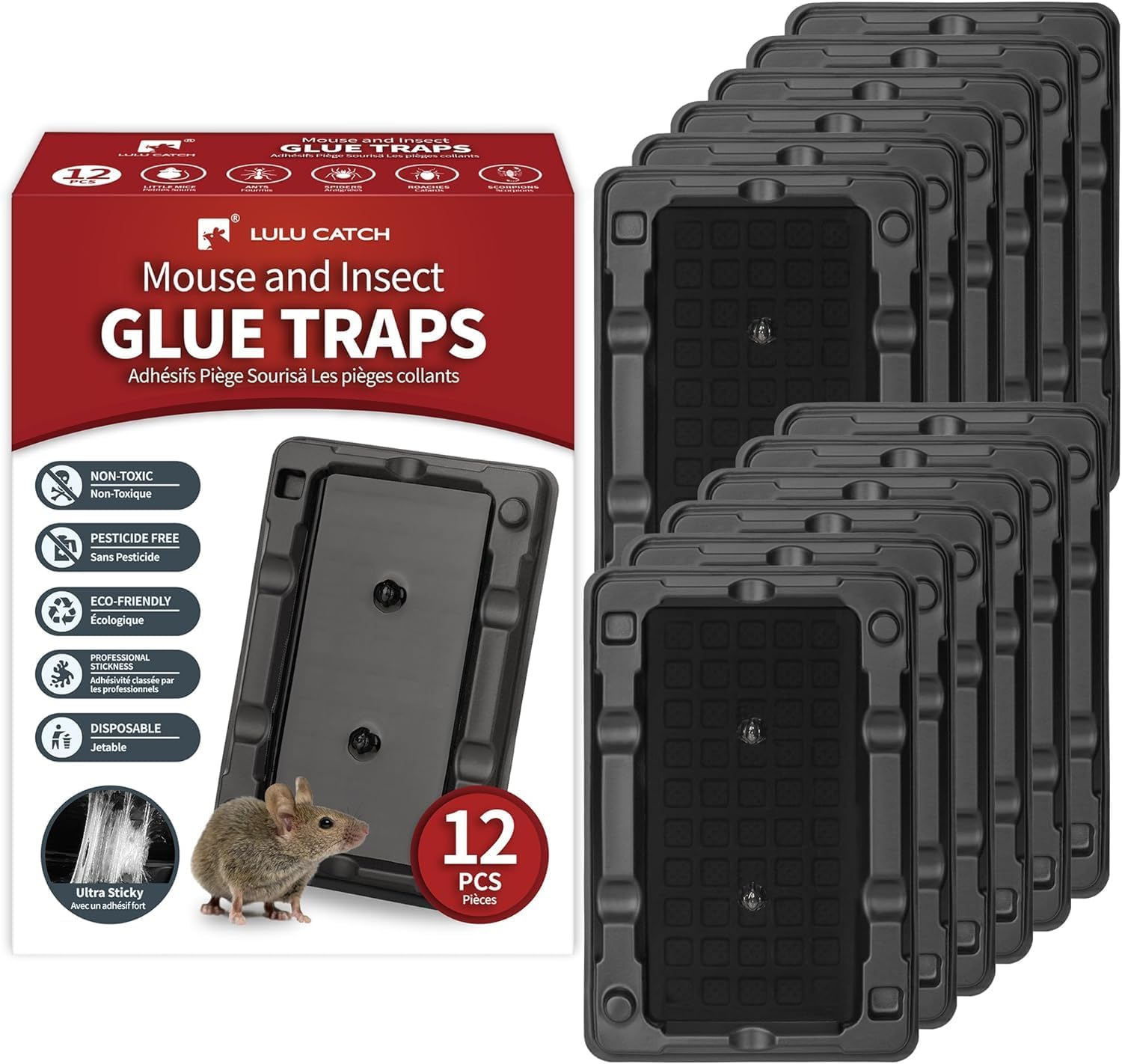 LULUCATCH Mouse & Insect Traps 12 Pack, Heavier Sticky Traps with Non-Toxic Glue for Small Mice & InsectsSticky Mouse Traps Indoor for Home, Easy to Set