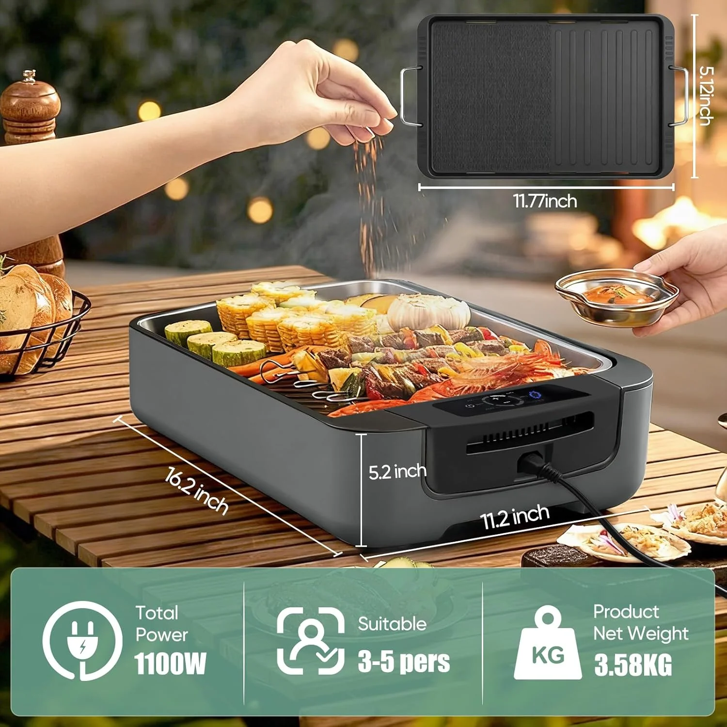 Gril d'intérieur sans fumée, gril électrique d'intérieur pour barbecue coréen avec extracteur de fumée double turbo, écran LED intelligent et plaques de cuisson antiadhésives à double zone, contrôle de température à 6 niveaux, compatible lave-vaissel