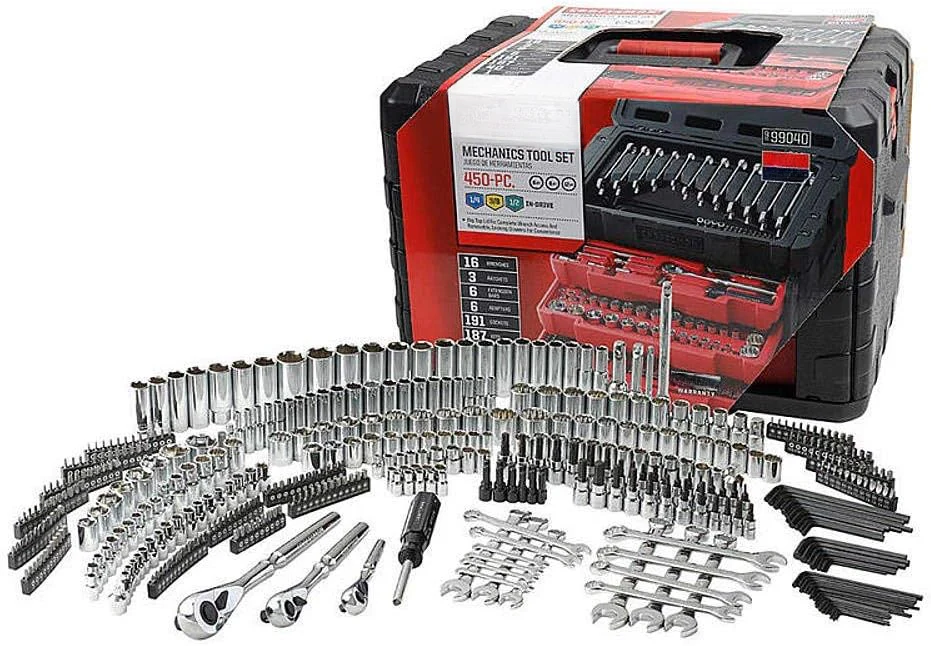 Coffret d'outils de mécanicien de 450 pièces, comprenant une clé à cliquet, des douilles et des clés à main.