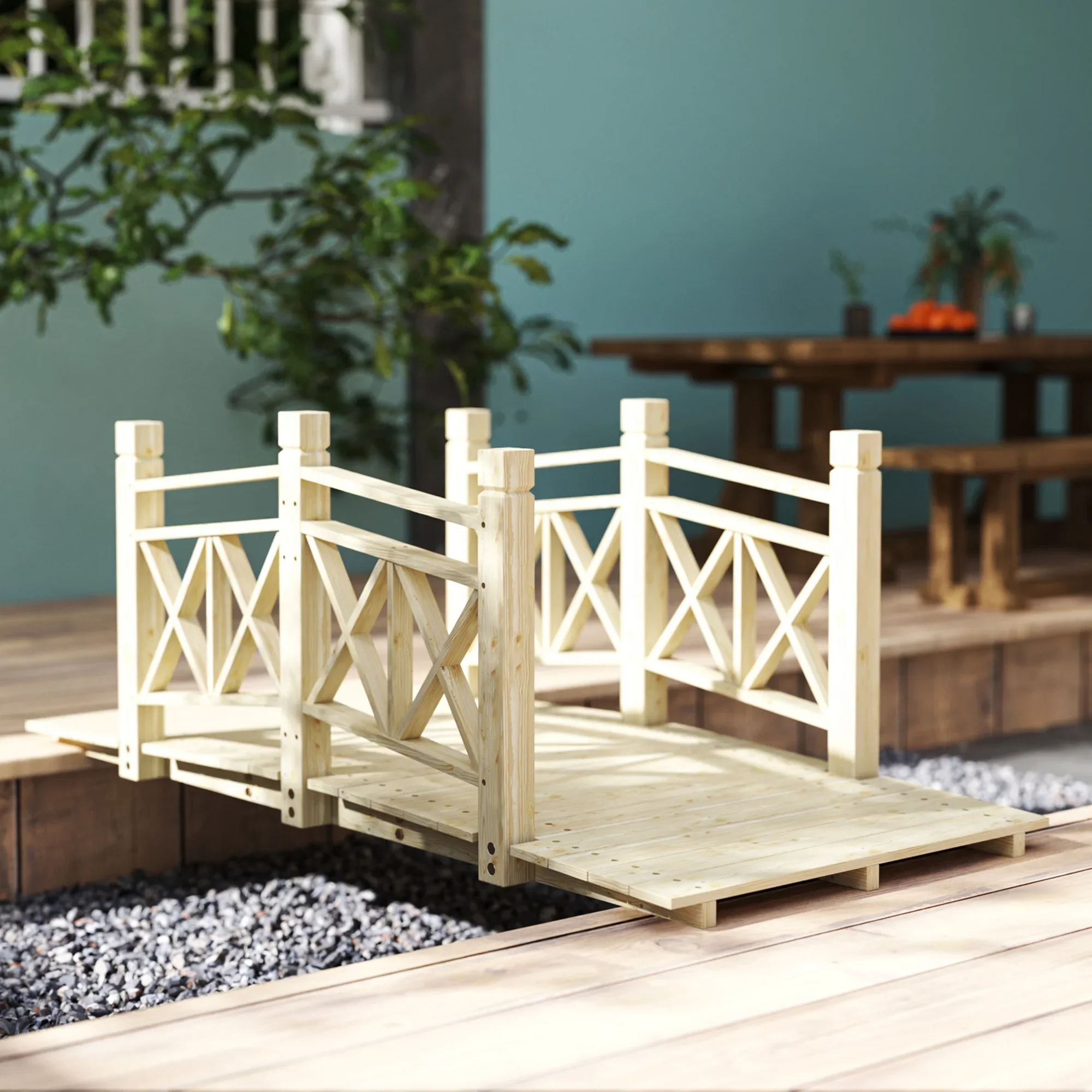 QISHENSHUI 5 ft. Sturdy Natural Wood Garden Bridge �C Premium Timber Construction with Solid Safety Handrails for Backyard Paths, Small Ponds & Garden Water Features, Carbonized
