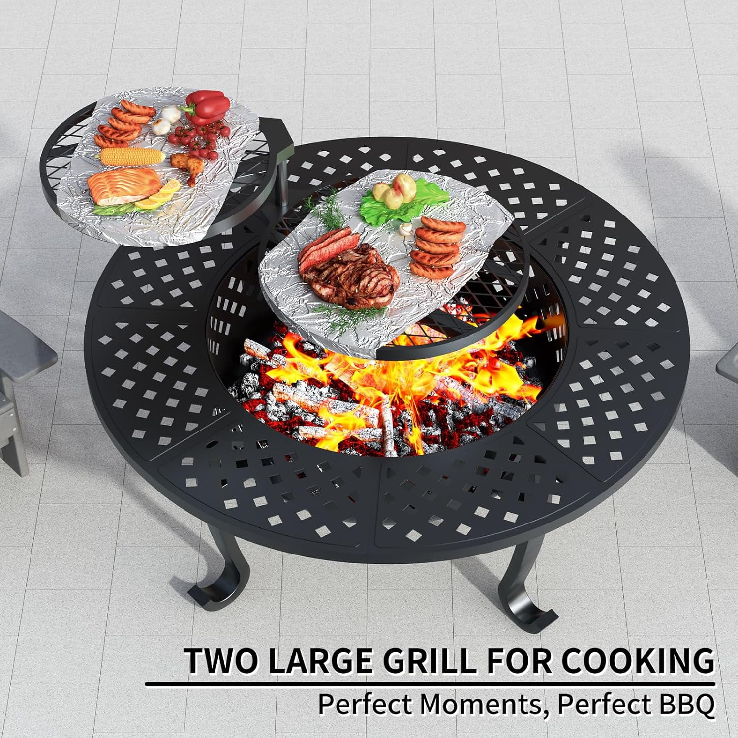 43 Inch Fire Pit with 2 Grill, Outdoor Wood Burning Firepit with Lid, Metal Round Table for Backyard Patio Garden Picnic Camping Bonfire - Image 3