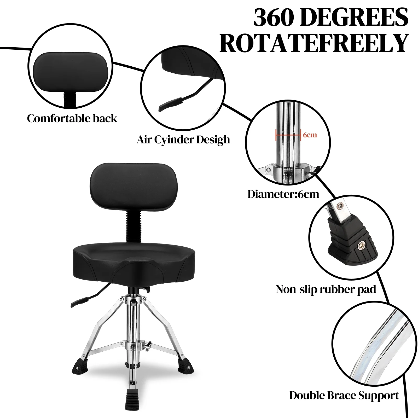 Ktaxon Adjustable Drum Throne with Backrest, 360 Rotating Hydraulic Seat, Thick Cushion for Home, Classroom, and Concert Use, Black