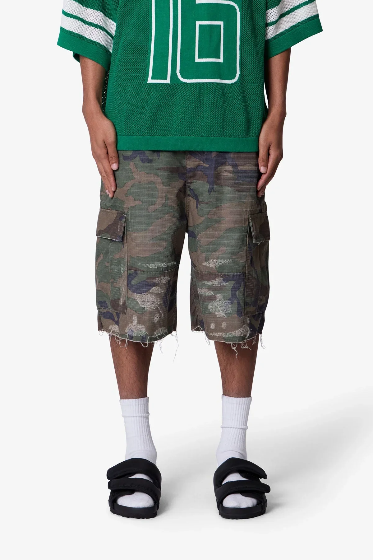 Baggy Distressed Cargo Shorts - Washed Camo