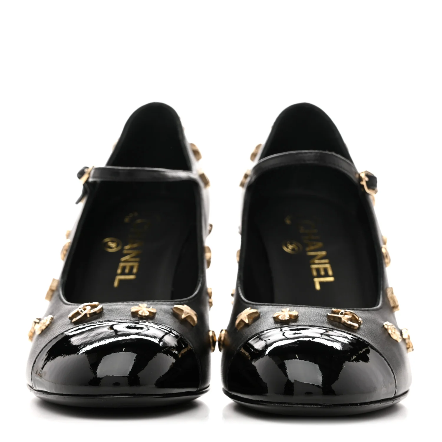 Lambskin Patent Cap Toe Charms Mary Jane Pumps 36.5 Black