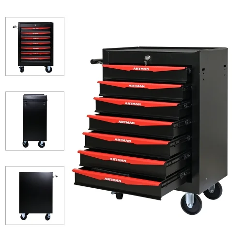POVANLI 7 Drawer Portable Tool Box With Wheels,20 Tool Chest With Key Locking Tool Boxes/Organizers Black&Red