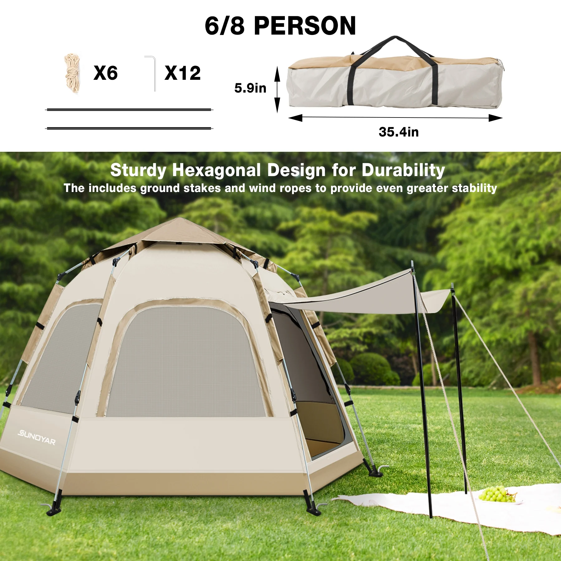 SUNOYAR 6 - 8 Person Tent for Camping, Camping Tent with Carry Bag, Instant Tent for Outdoor/Hiking/Traveling