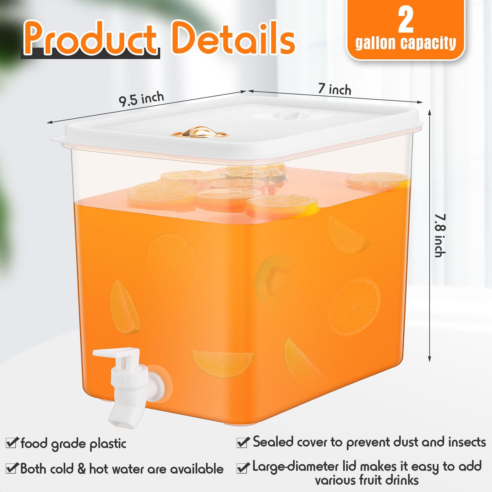 4 Pack 2 Gallon Fridge Beverage Drink Dispenser with Spigot Leak-proof Lids Filter Screen Juice Container Sealed Plastic Lemonade Water Milk Cold Hot Drink Tea Jug for Party Daily Use