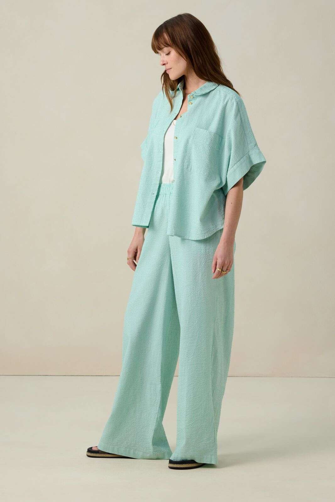 Groen gestreepte high waist wide leg broek