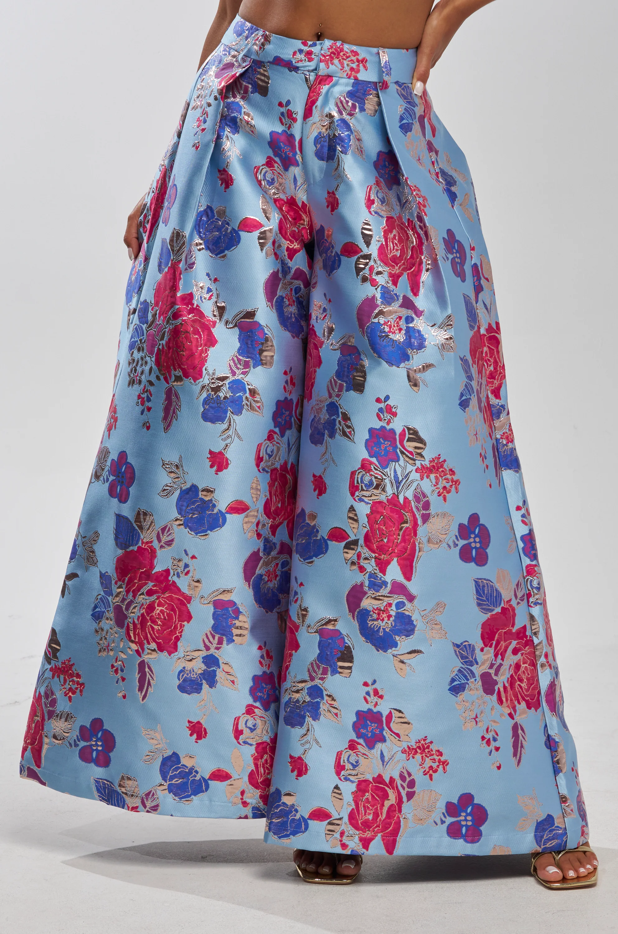 BUY MYSELF FLOWERS BROCADE TROUSER IN BLUE - Akira Store