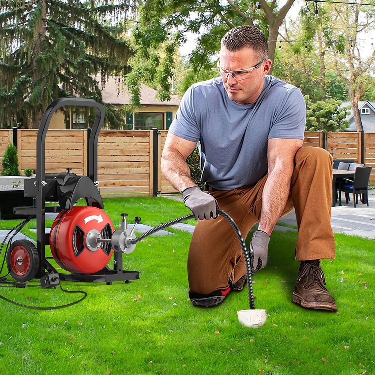 75 FTx1/2 Inch Drain Cleaning Machine, Auto Feed Sewer Snake Drill with Wheels, Pipe Spiral Cleaner with 4 Cutters and Pneumatic Foot Switch, for 2" to 4" Pipes(75Ft x 1/2) - Image 9