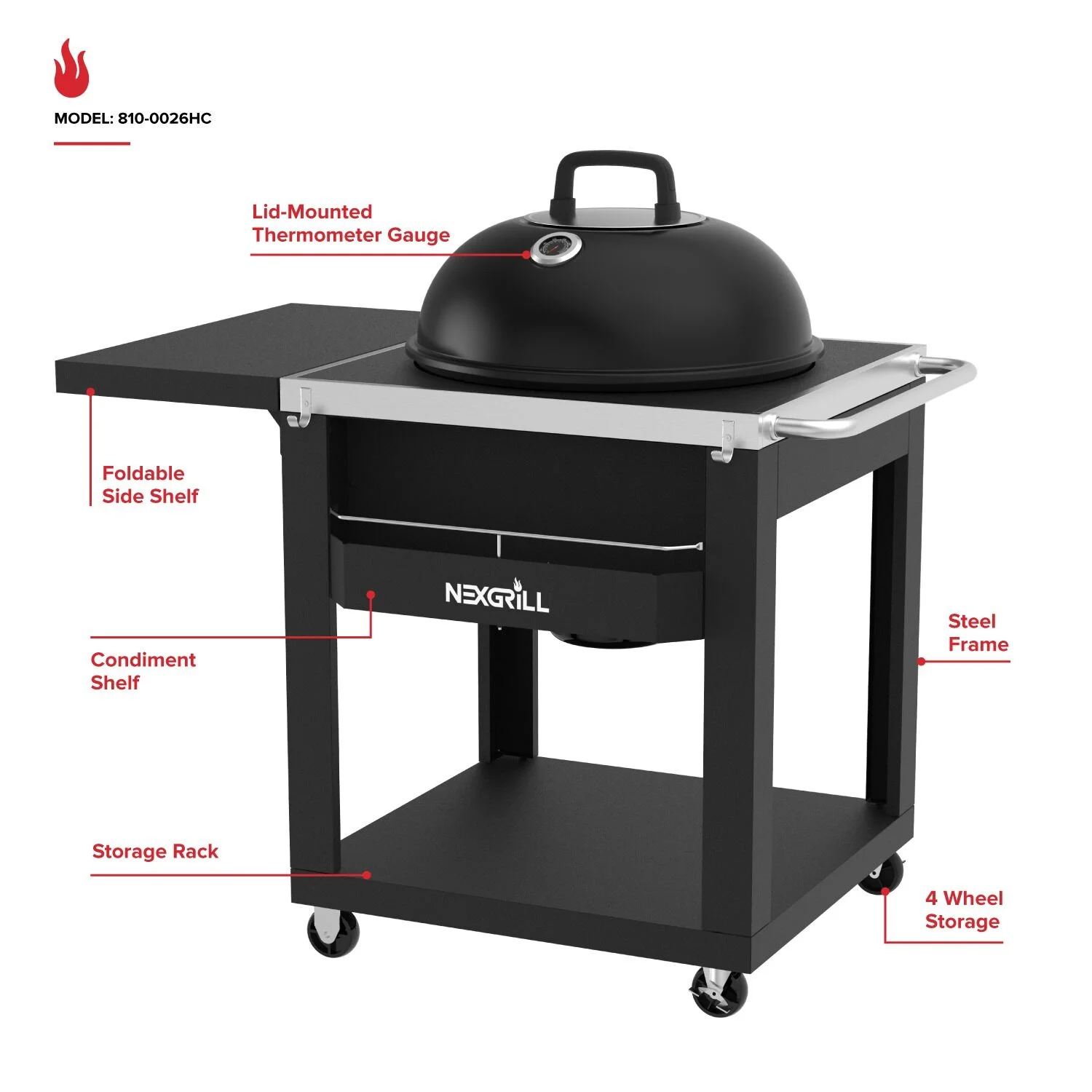 22" Charcoal Grill with Table Cart and Side Table, 358 SQ In Grate, Adjustable Air Vents, Integrated Temperature Gauge, Mobile Cart Barbecue Grill for Camping, Picnics, and More 810-0026HC(Charcoal Kettle Grill with Table Cart) - Image 8