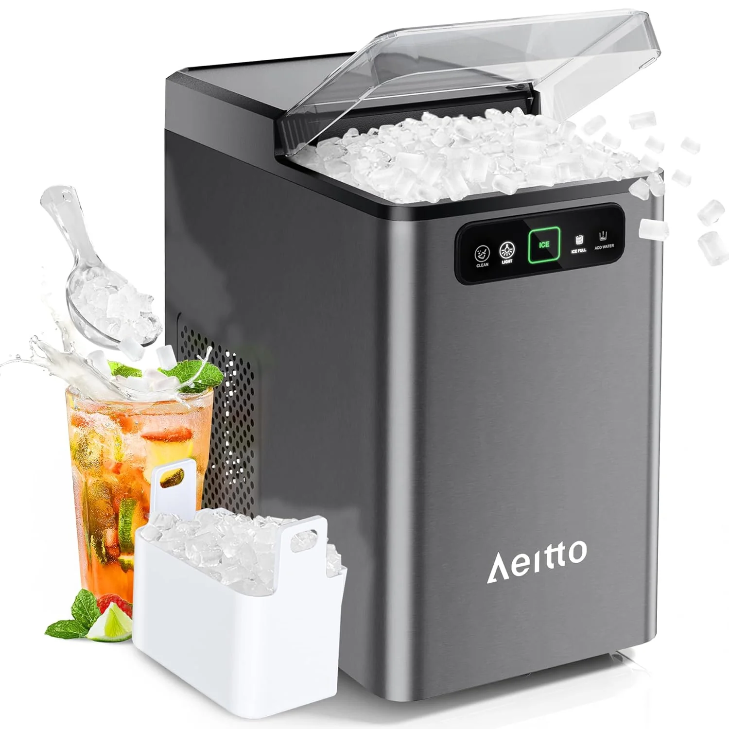 Machine à glaçons Aeitto Nugget 40 lb/24 h, machine à glaçons en galets tendres et croquants, fonctionnement en un clic, autonettoyante avec pelle et panier pour la maison, le bureau, la cuisine et les fêtes (gris)
