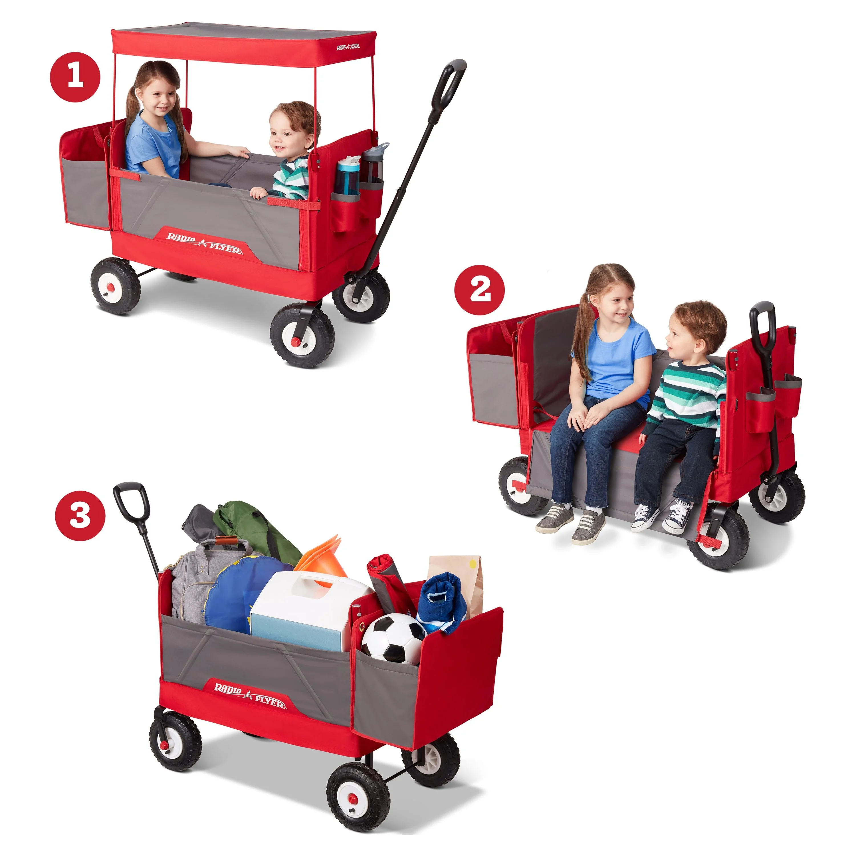 Radio Flyer, 3 - in - 1 All - Terrain EZ Fold Wagon with Canopy, Red and Gray, Air Tires