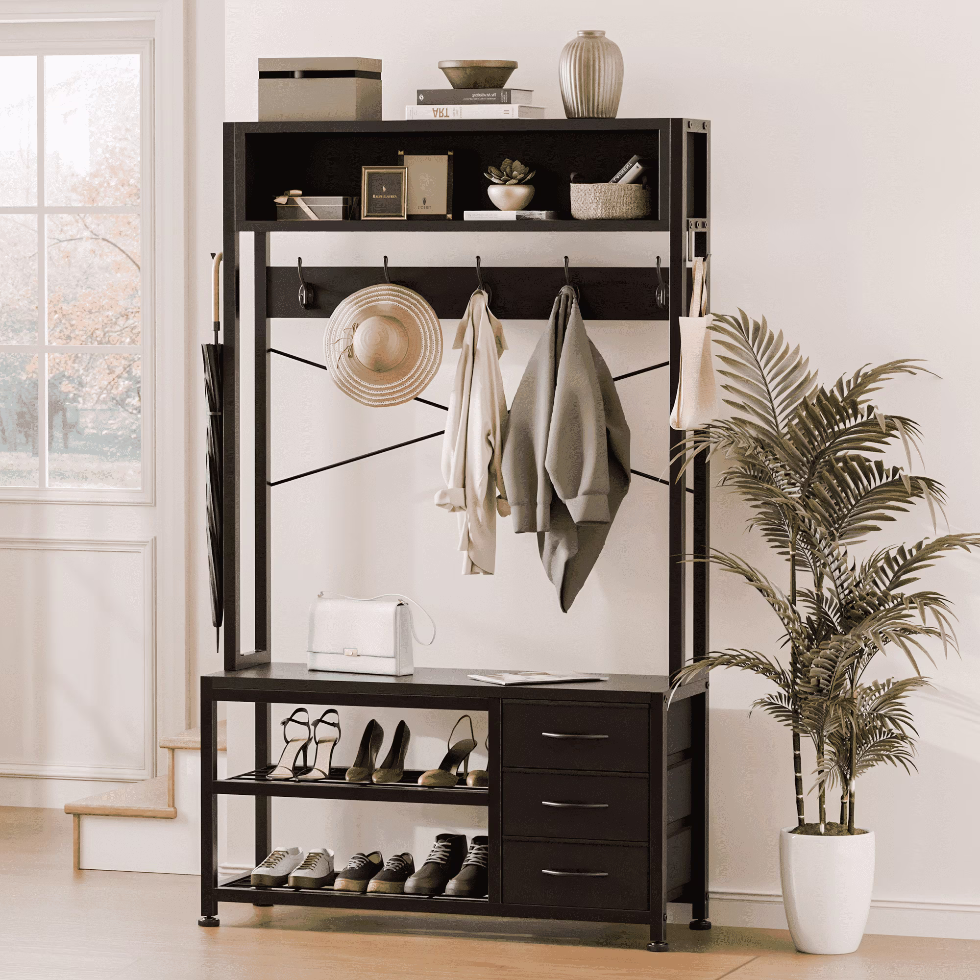 GIKPAL 5 in 1 Hall Tree, Entryway Bench with Coat Hooks Industrial Entryway Bench with 17 Hooks 2 Drawers and Top Shelf, for Hallway or Living Room, Rustic Brown(2 Drawers/Brown)
