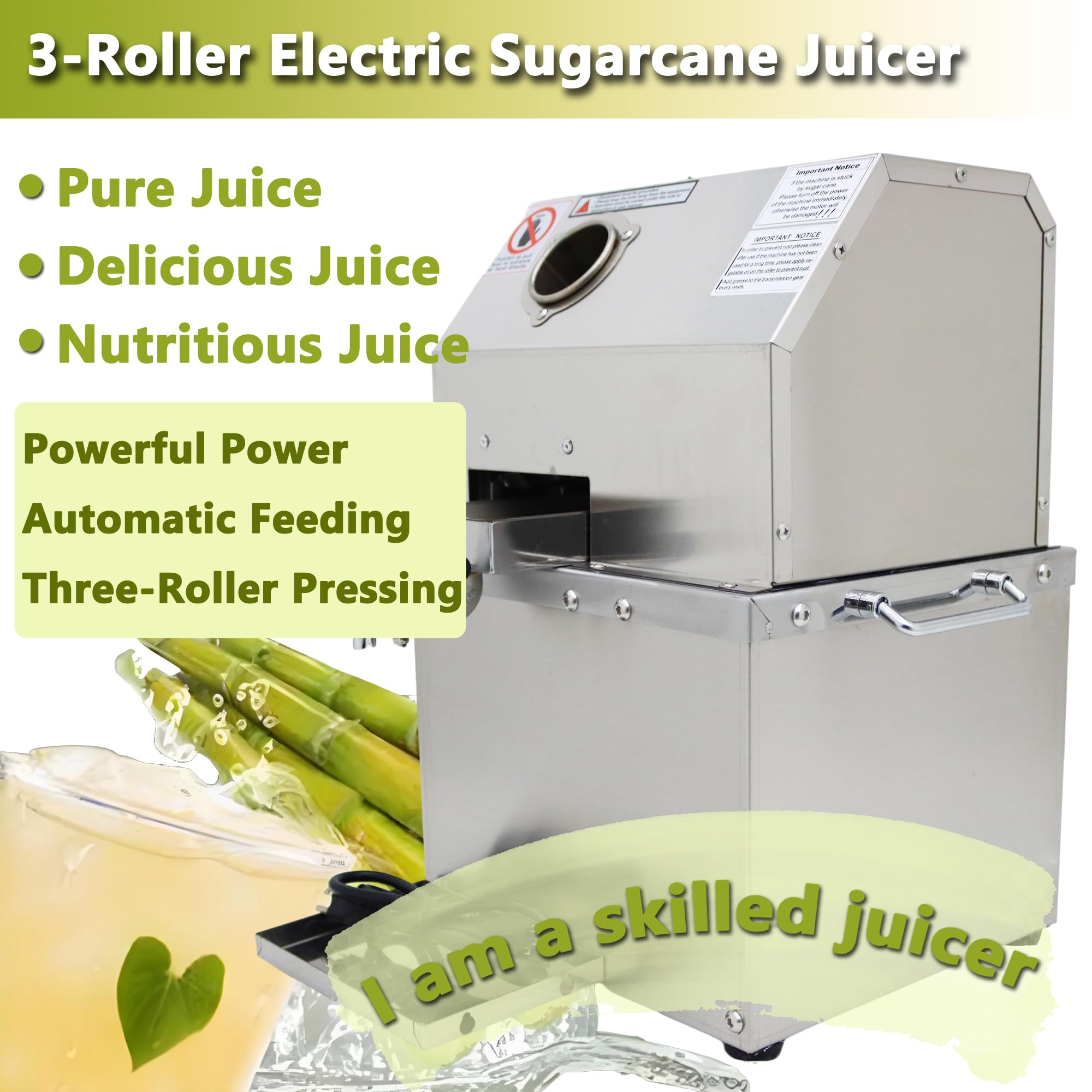 Electric Sugarcane Juicer Machine Inlet Dia. 6.2CM 3-Roller Sugar Cane Grinder Machine 660lbs/H Capacity 110V Stainless Steel Sugarcane Juice Extractor with 2 Peeling Knives for Home/Shop