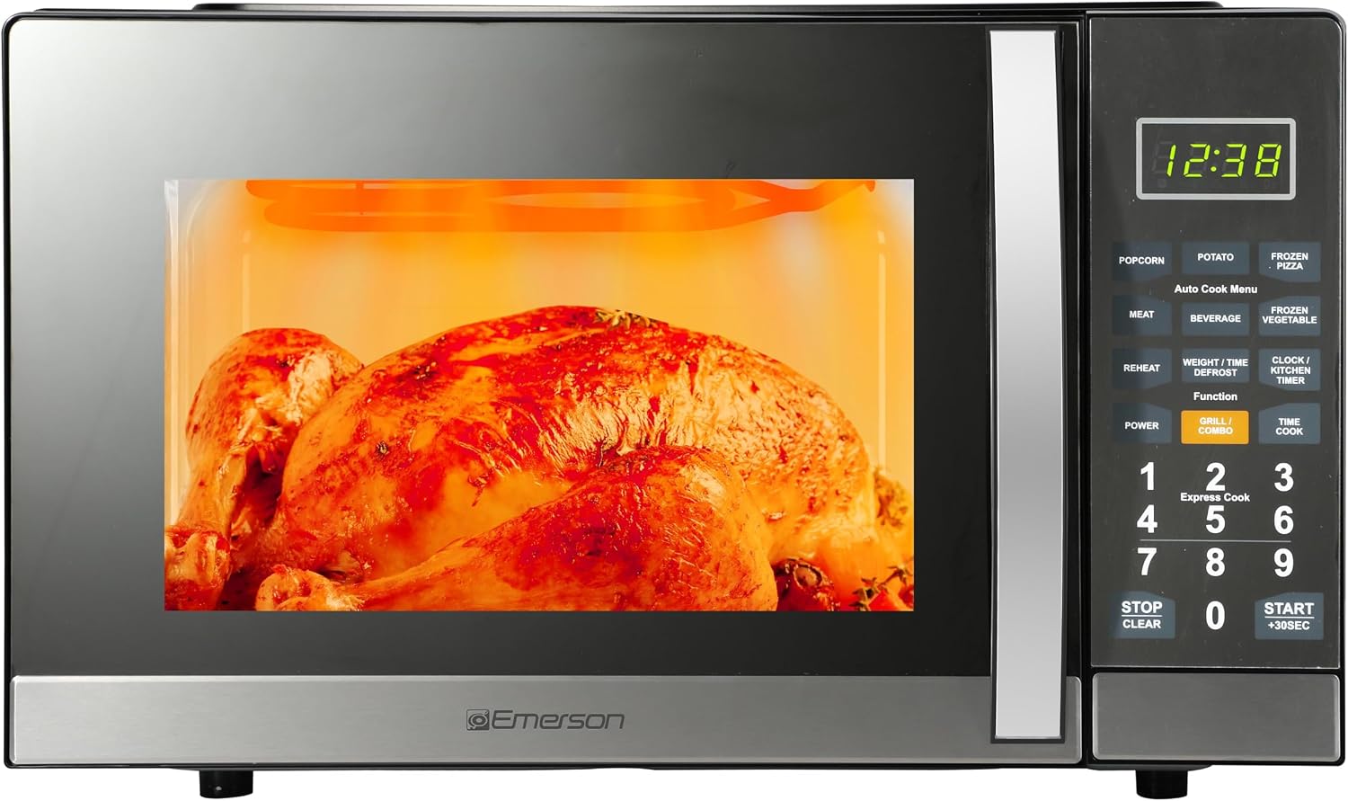 Emerson MWG1191SB 1.1 Cu1100W Power, Stainless Steel, LED Timer Display, 11 Power Levels, 9 Preset Cooking Options, Removable Glass Turntable, Child Lock, Built-in Grill Function Microwave
