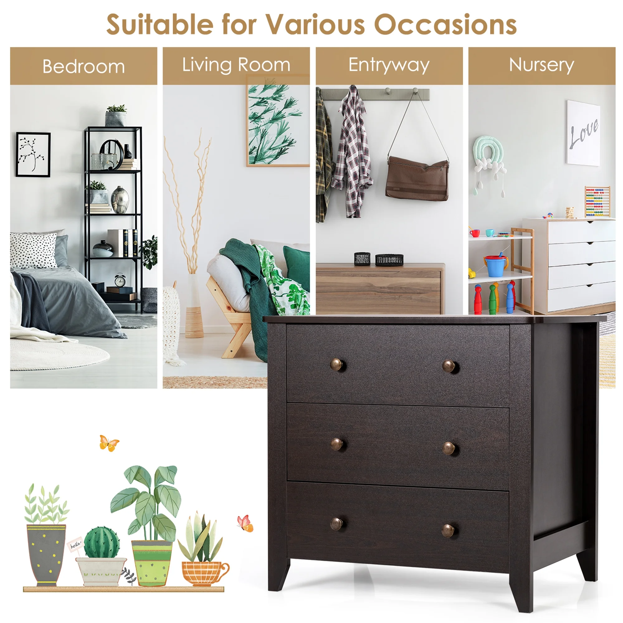 3 Drawer Dresser Chest of Drawers Bedside Table for Living Room Bedroom Espresso(Espresso) - Image 8