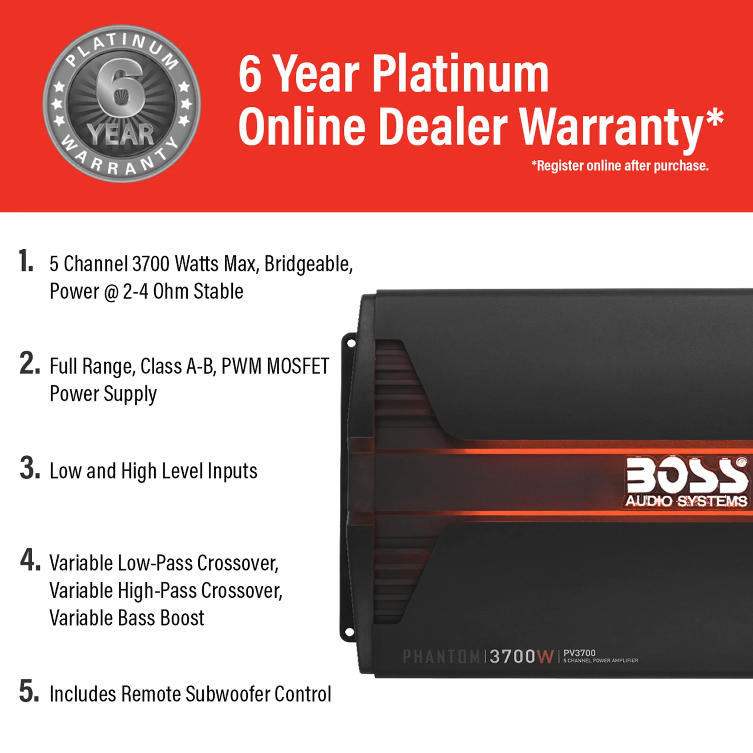 BOSS Audio Systems PV3700 5 Phantom Series Car Audio Amplifier - 3700 High Output, 5 Channel, 2/4 Ohm Stable, Low/High Level Inputs, High/Low Pass Crossover, Full Range, Bridgeable, Subwoofer