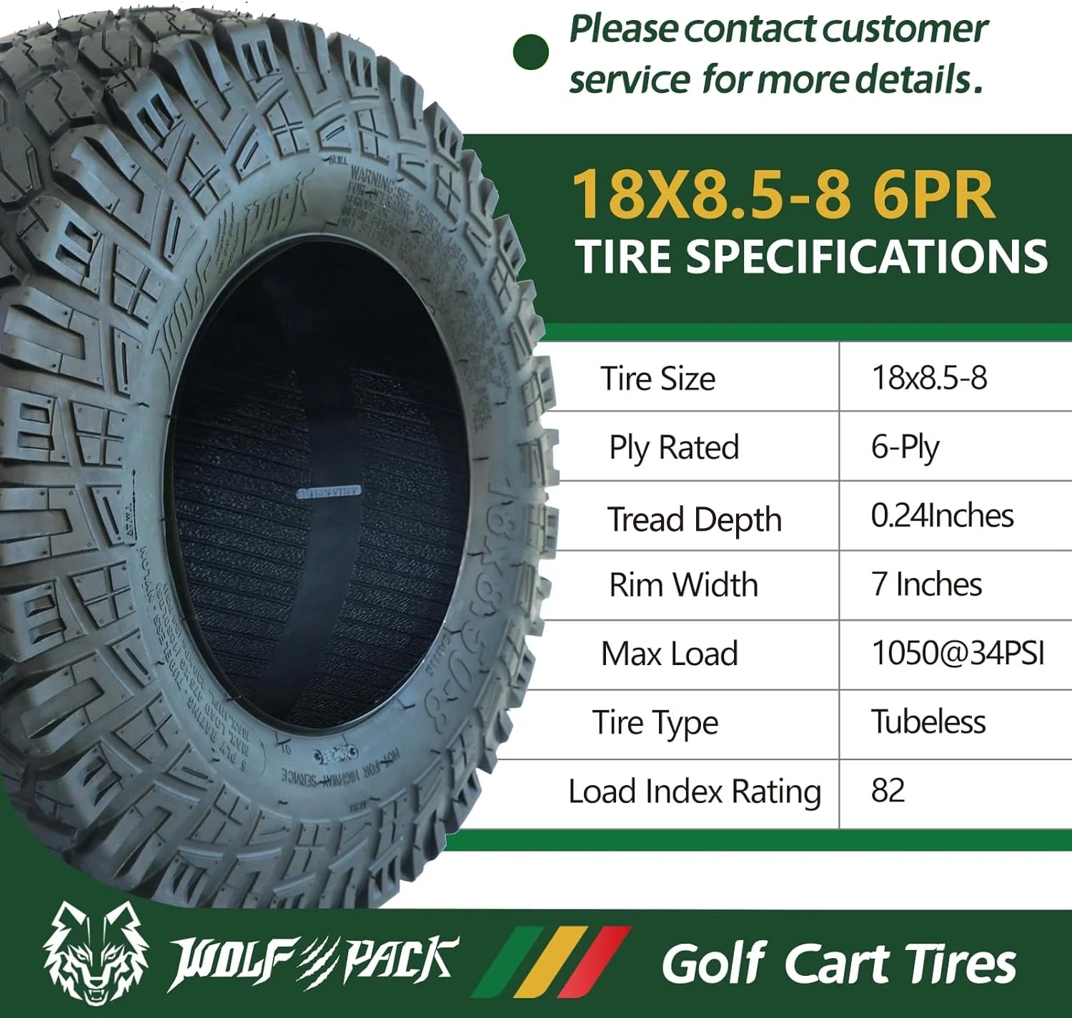 Set 4 18X8 50 8 Golf Cart Tires Non Directional Tubeless Tire Multi Terrain Tire with Superior Traction and Mud Resistant Self Cleaning Tread Design for Long Lasting Performance Image 6