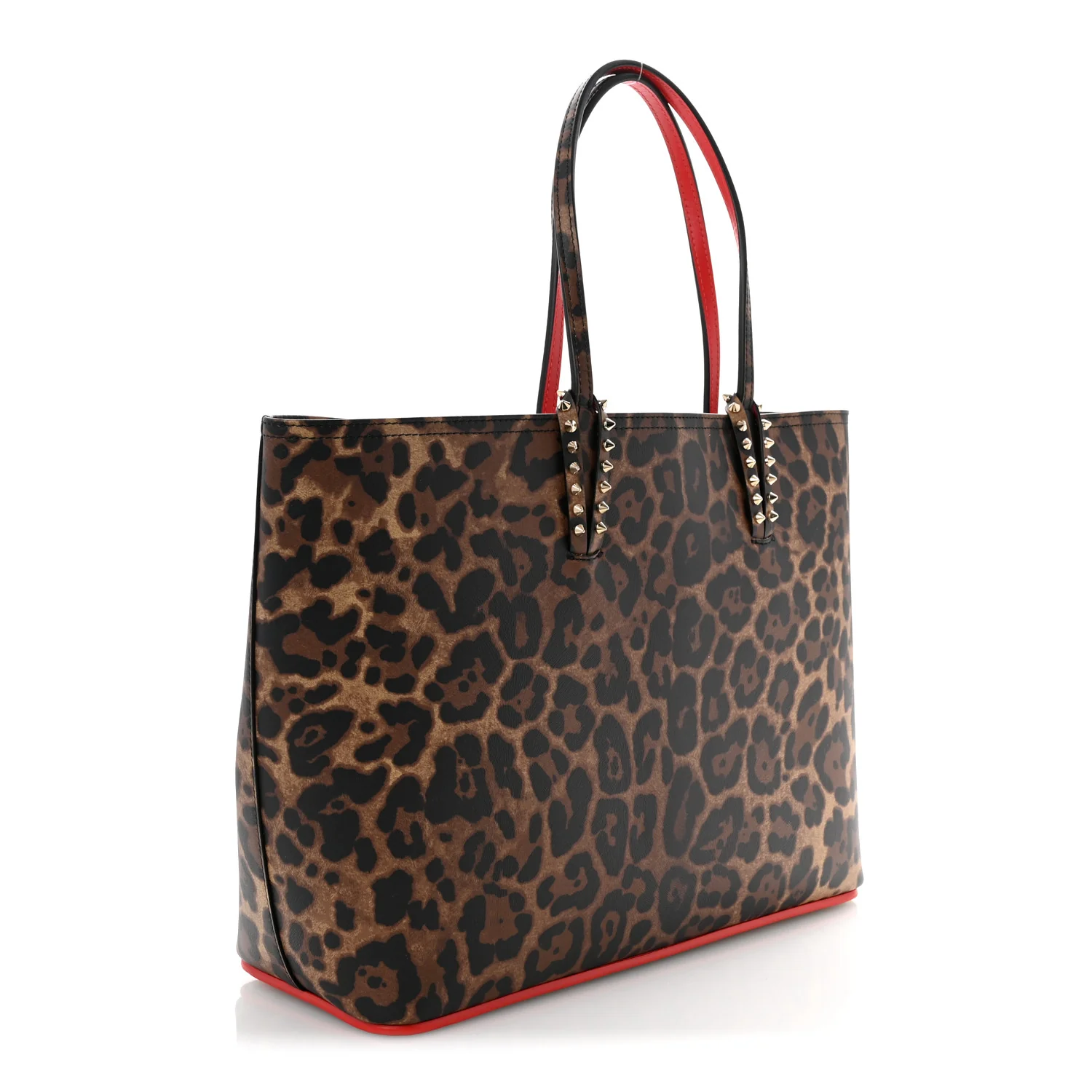 Calfskin Leopard Print Spikes East West Cabata Tote Brown