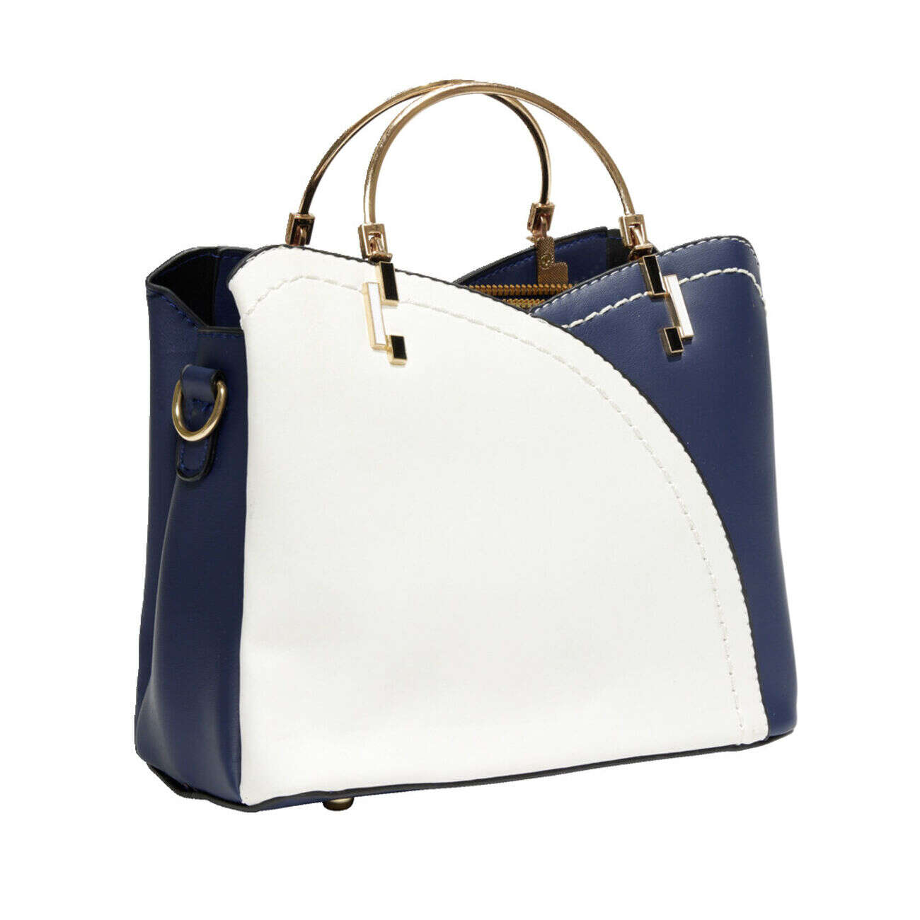 Sac à main simili bicolore anse doré et bandoulière 23x11xH19cm - 2 modèles beige ou bleu