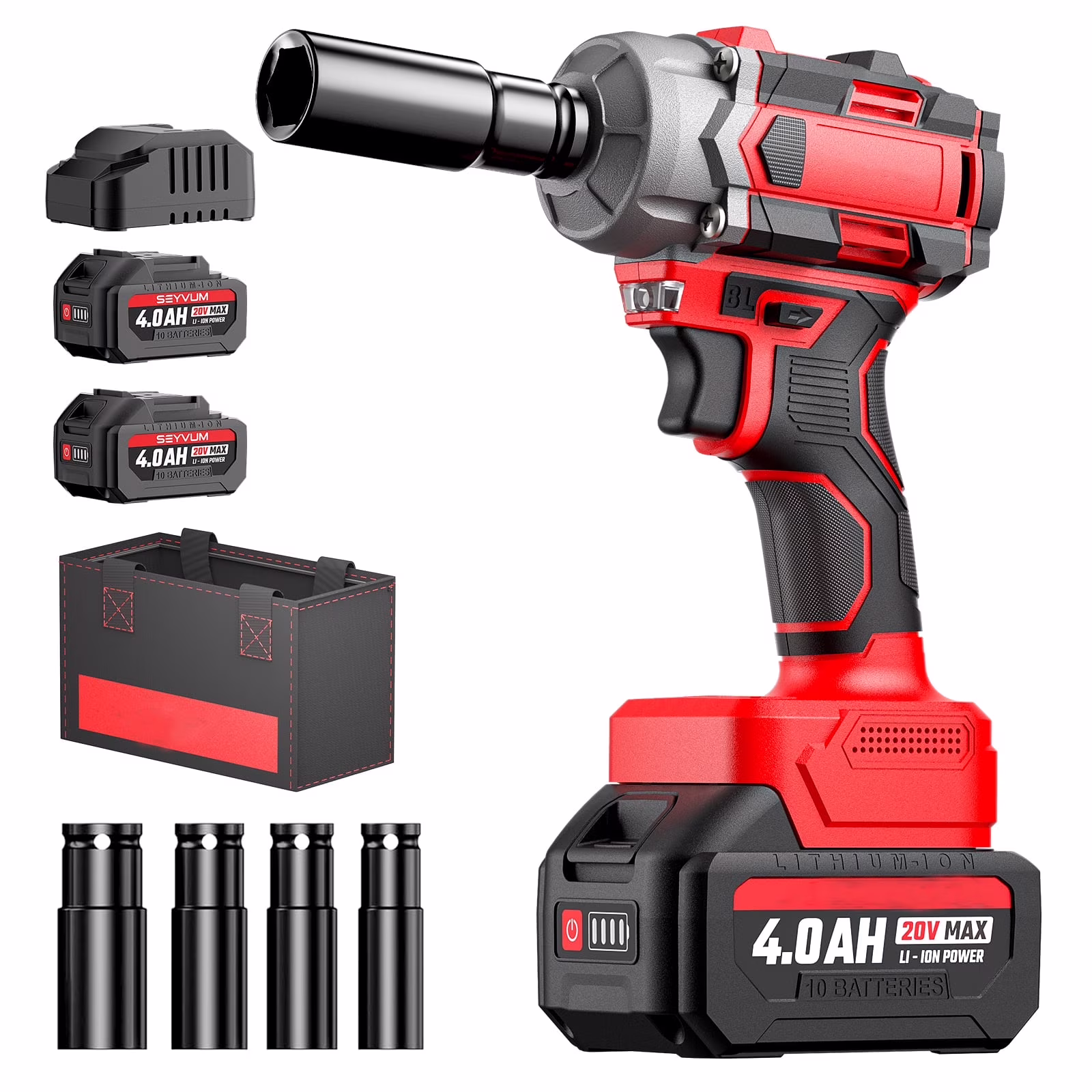 Cordless Impact Wrench, 1/2 Impact Gun, Max Torque 440 Ft-lbs (600 N.m) Heavy Duty Cordless Impact Driver, 3500 RPM Electric Impact Drill, 20V Brushless, 2x4.0Ah Li-ion Battery, 4Pcs Impact Sockets