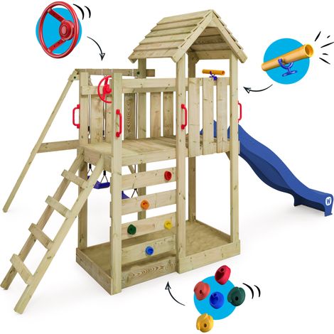 Aire de jeux WICKEY MultiFlyer - Toit en bois - Balançoire - Toboggan - Maison enfant extérieur - Bac à sable - Échelle d'escalade - Accessoires de jeux - Bleu — vue 2