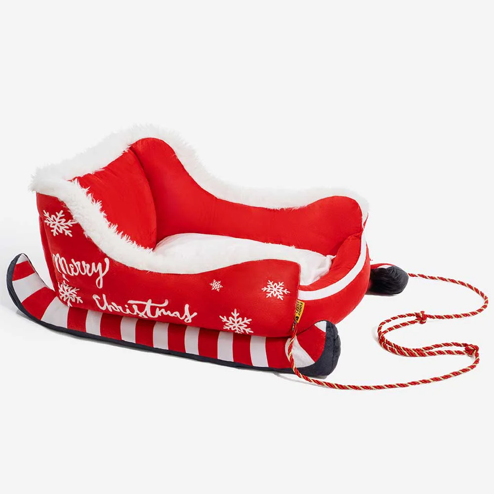 Festive Plush Cozy Dog Bed - Christmas Sleigh