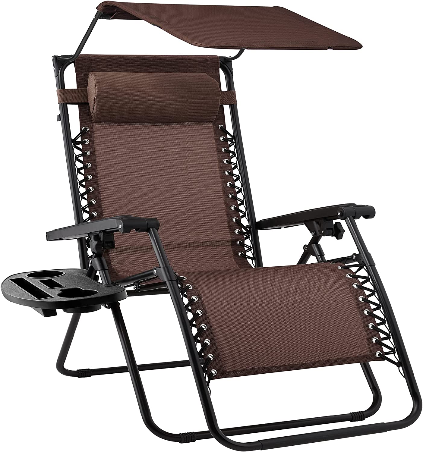 Fauteuil de jardin inclinable zéro gravité pliable avec auvent réglable, appui-tête, tablette latérale et revêtement en maille textilène beige.