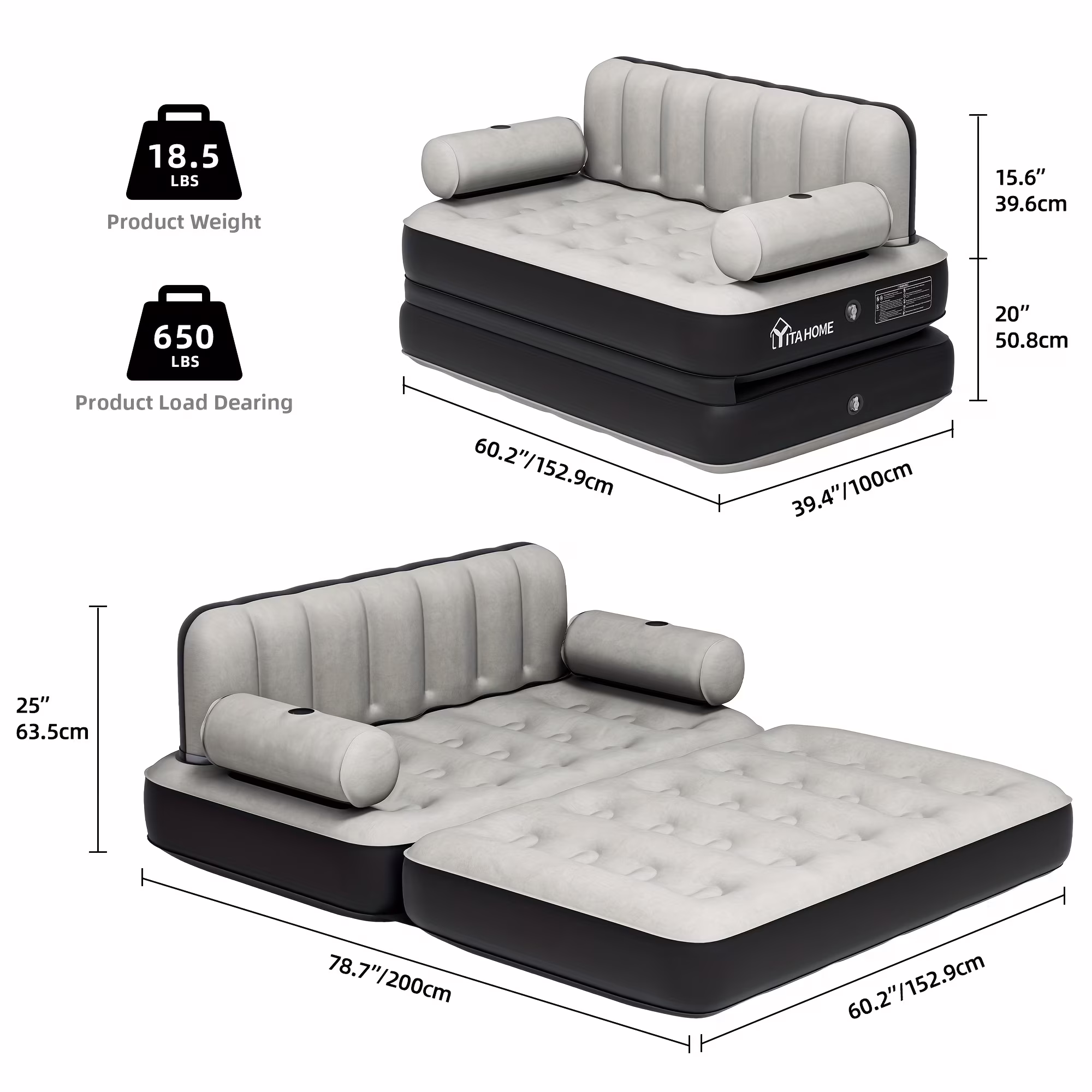 Inflatable Air Sofa Bed 2-in-1 Backrest Couch Airbed With Headboard And Pump Convertible Blow Up Bed Mattress For Home, Camping, And Guests, Living Room Furniture, Queen Size(Black+gray)