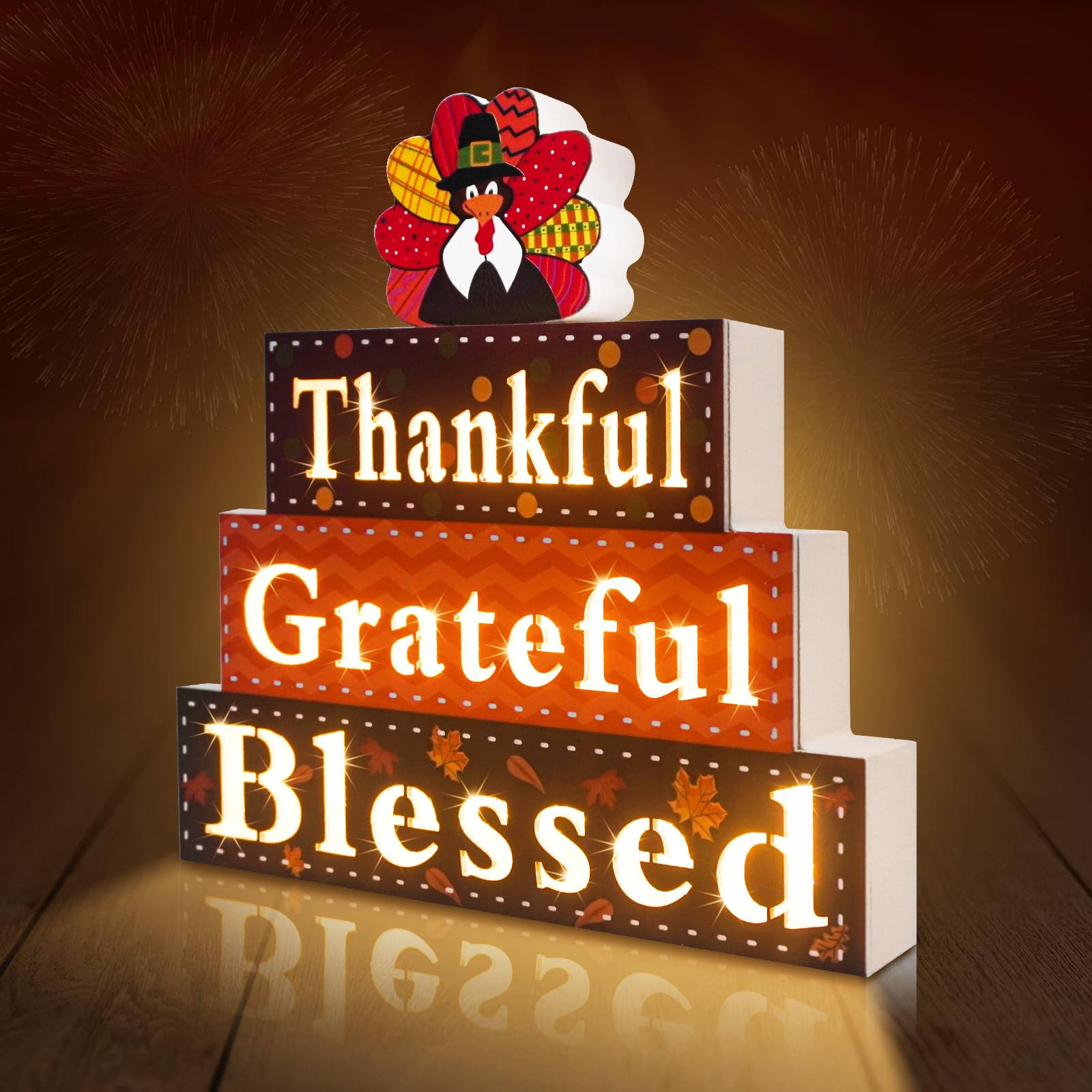 Dehoxara Thanksgiving Lighted Wooden Block Sign Decorations Thankful Grateful Blessed Turkey Wood Signs Battery Operated Fall Thanksgiving Farmhouse