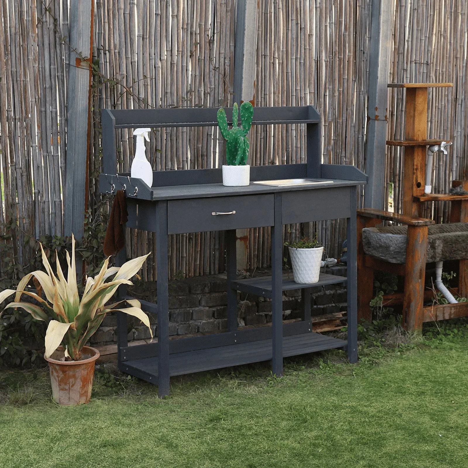 VEIKOUS Wood Potting Bench Garden Table w/ Removable Stainless Sink & Shelves, Natural