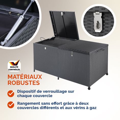 Coffre de rangement en polyrotin 625 litres XXL sur roulettes Coffre de jardin Coffre de coussin Banc noir Vérins à gaz — vue 2