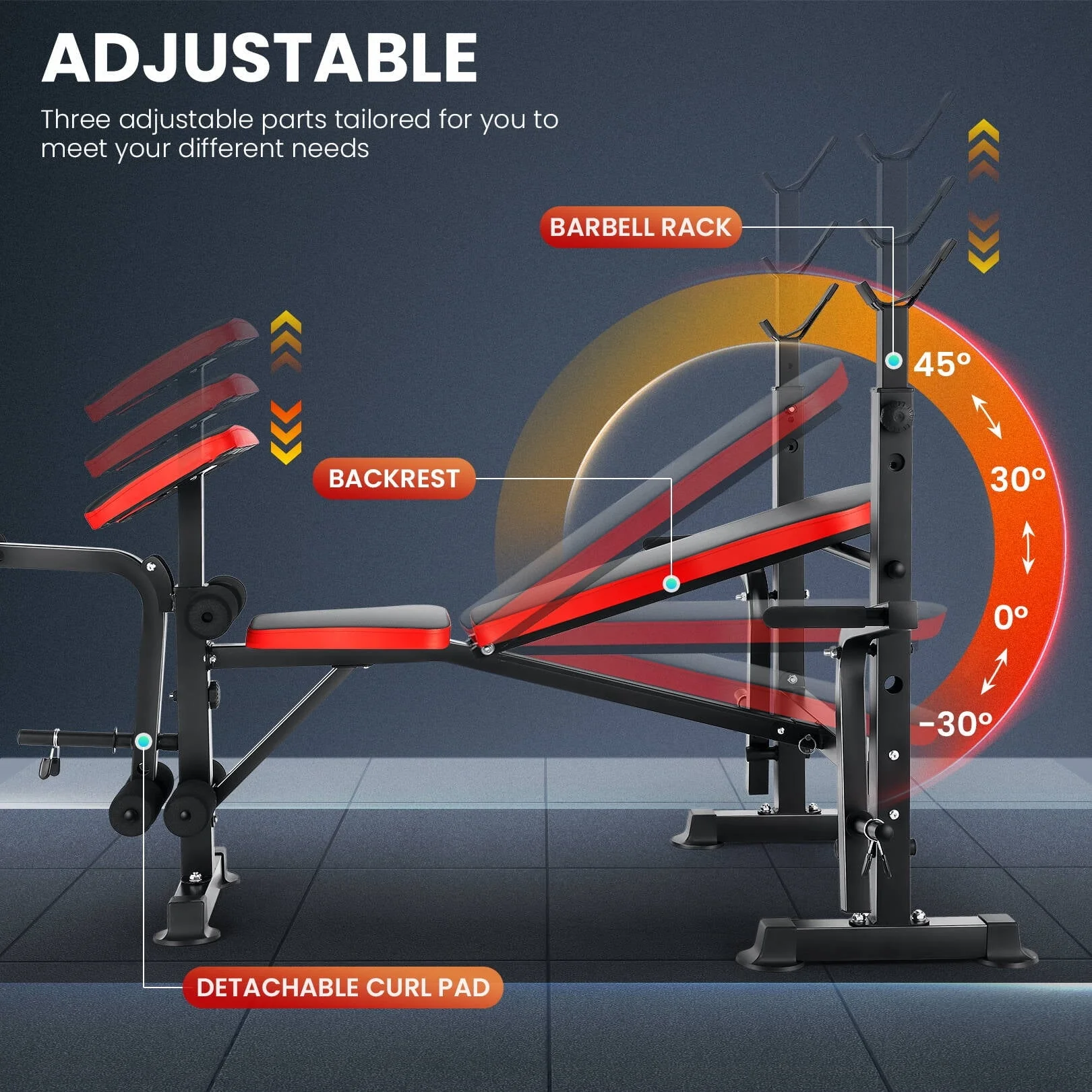 VIBESPARK Adjustable Weight Bench 600lbs 5 in 1 Foldable Workout Bench Set with Barbell Rack Leg Developer Preacher Curl Rack Dumbbell Fly Attachment, Multi Function Strength Training Bench Press Image 4
