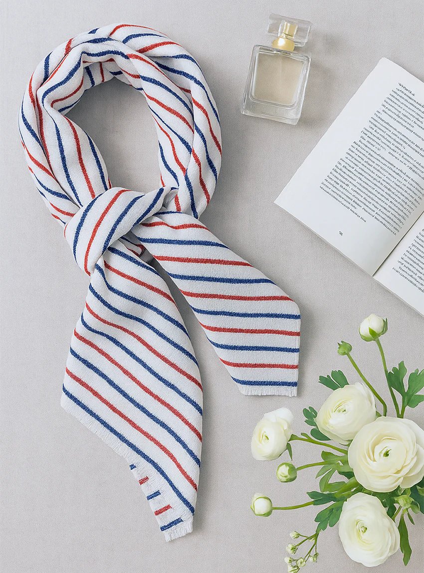 Foulard long femme rayé marine et rouge