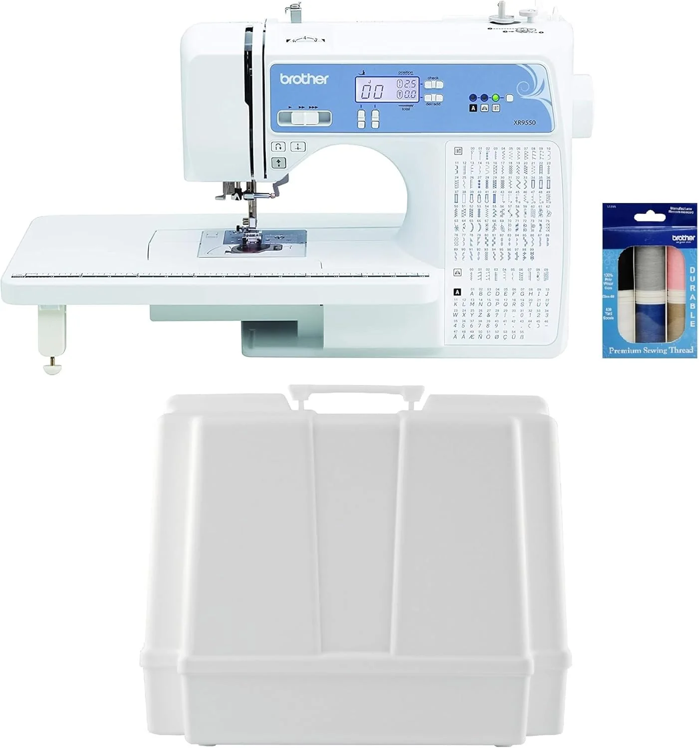 Machine à coudre et à quilter Brother, informatisée, 165 points intégrés, écran LCD, table large, 8 pieds-de-biche inclus, blanche, 51 x 30 x 43 cm