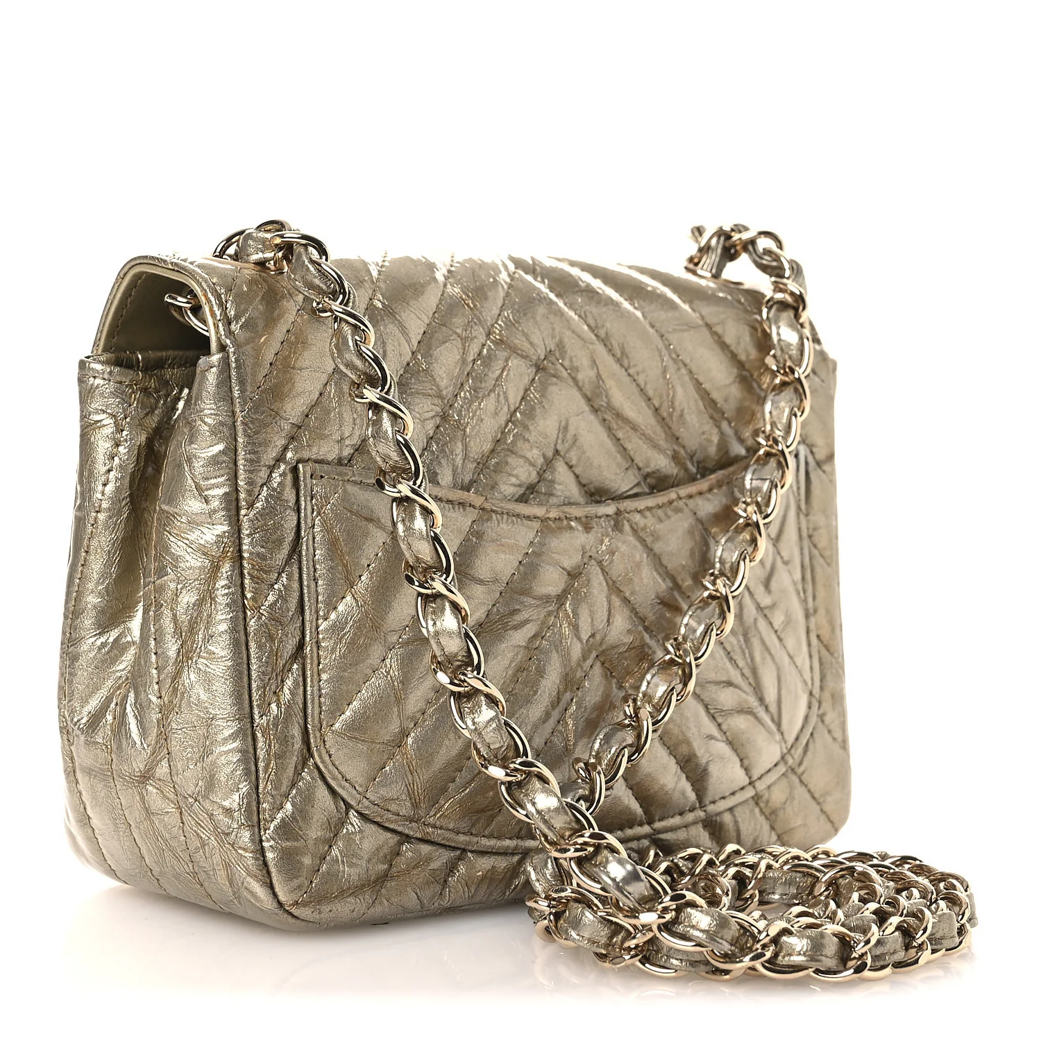 Metallic Crumpled Calfskin Chevron Quilted Mini Square Flap Gold