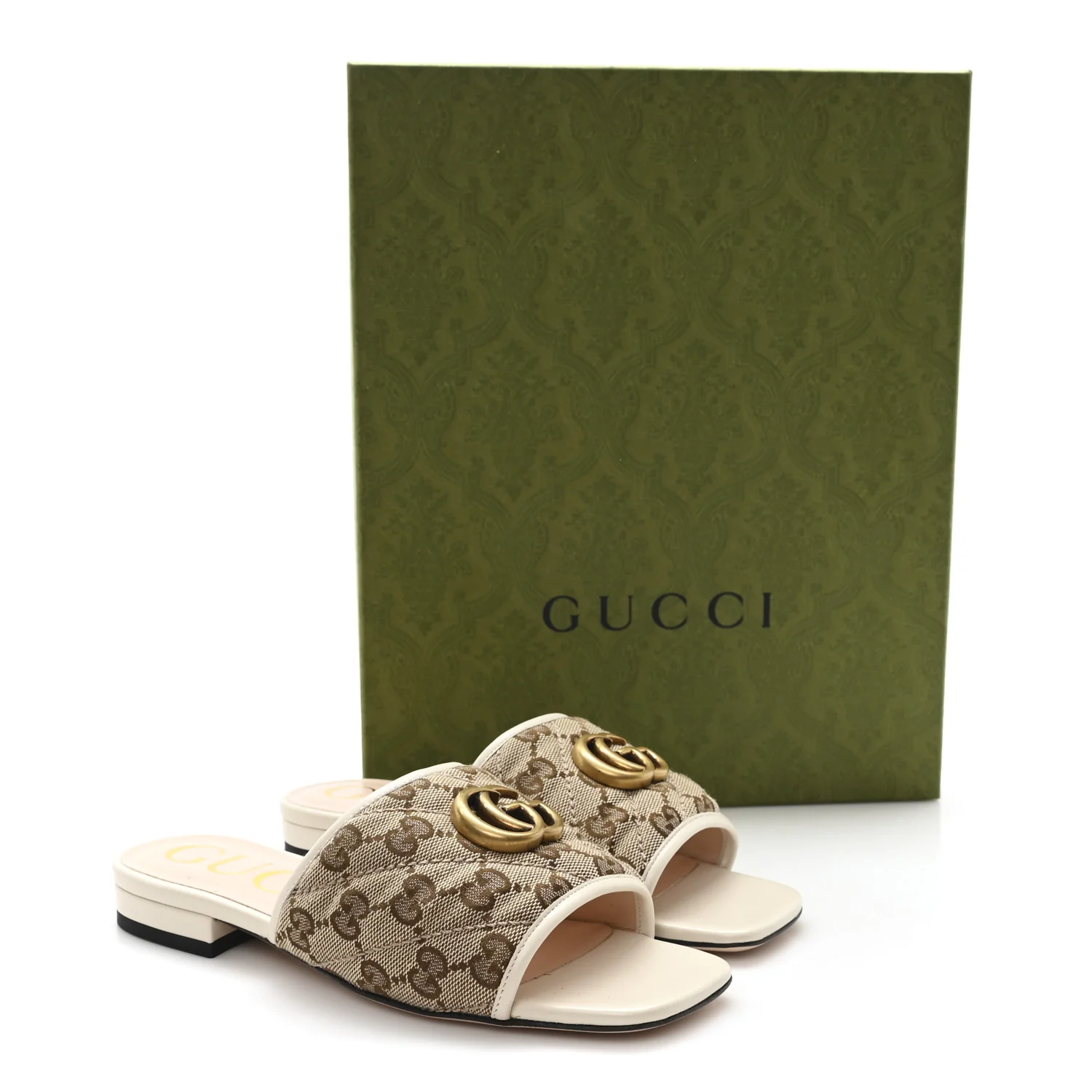 Monogram Matelasse Diagonal GG Marmont Flat Slide Sandals  35 Beige Ebony Mystic White
