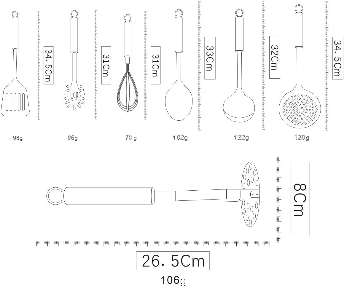 Berglander Cooking Utensil Set 8 Piece, Stainless Steel Kitchen Tool Set with Stand, Cooking Utensils, Slotted Spoon, Ladle, Skimmer, Serving Spoon, Pasta Server, Potato Masher, Egg Whisk（8 Pieces）