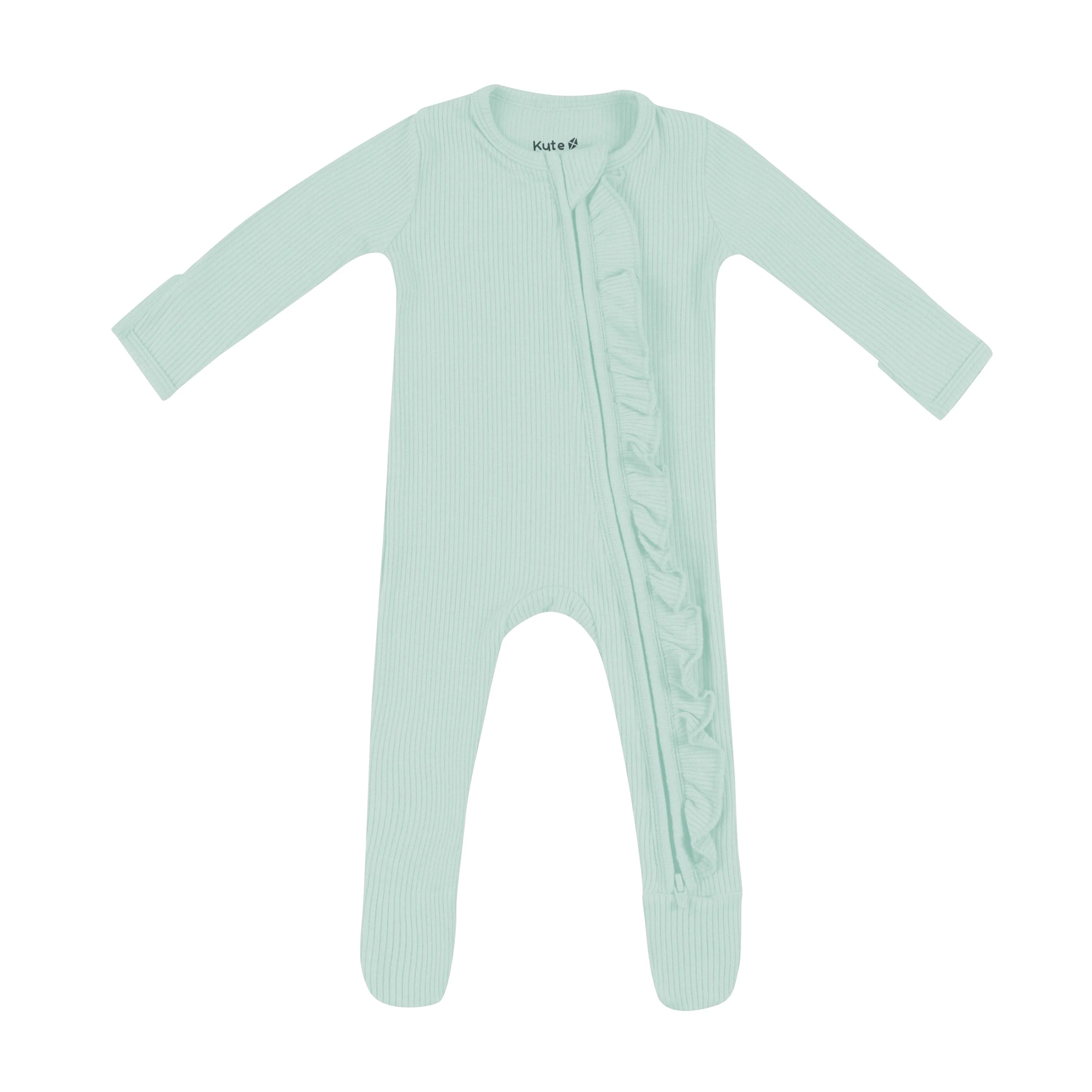 Ribbed Ruffle Zipper Footie in Sage