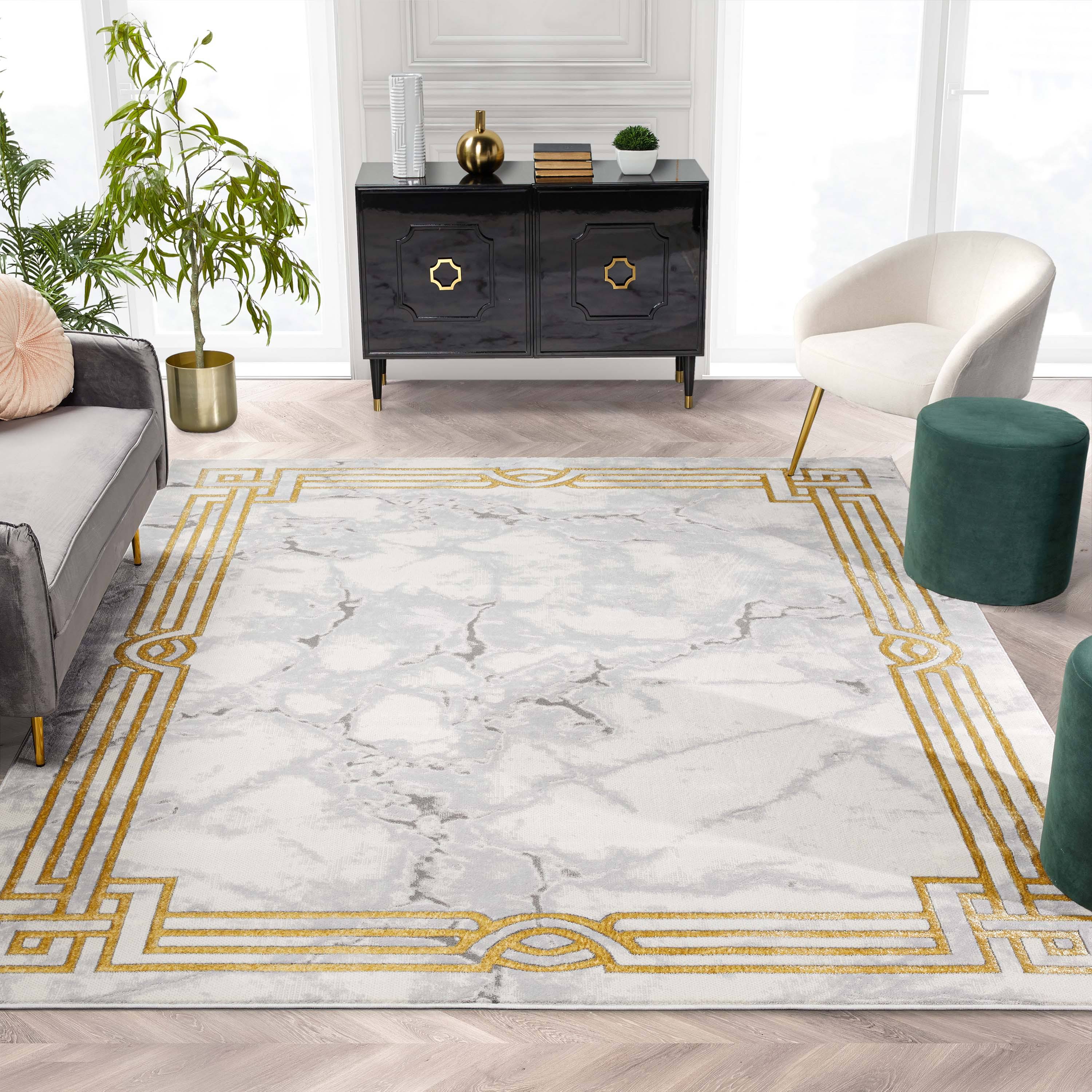 Well Woven Fairmont Huntington Retro Marble Border Black 5'3 inch x 7'3 inch Glam Area Rug