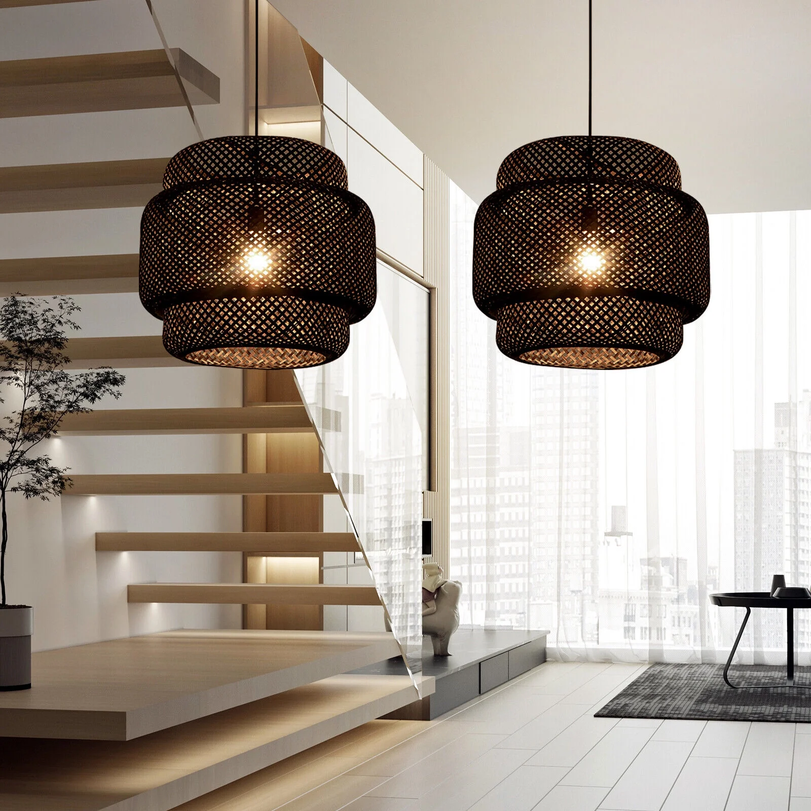 Arturesthome Vintage Chandelie Bamboo Woven Pendant Light Hanging Ceiling Lamp Decor Black